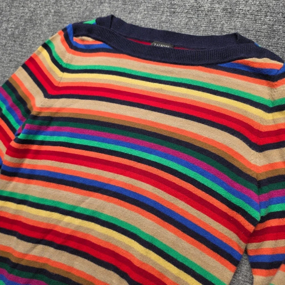 Talbots Rainbow Stripe Knit Sweater Women Size S Navy Trim Boatneck Pullover